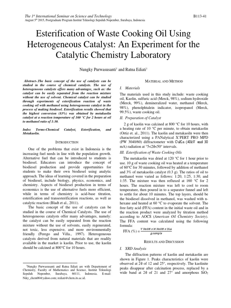 Esterification of Waste Cooking Oil Using Heterogeneous Catalyst An