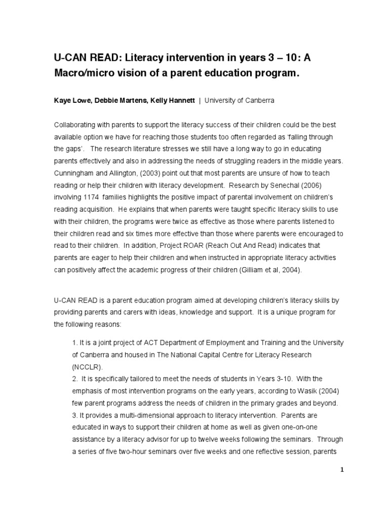 U-CAN READ: Parent Literacy Program | PDF | Reading (Process) | Literacy