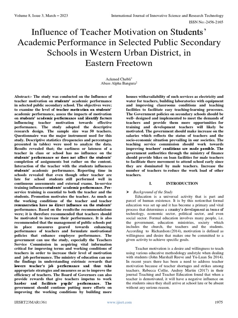 Influence of Teacher Motivation On Students' AcademicPerformance in ...
