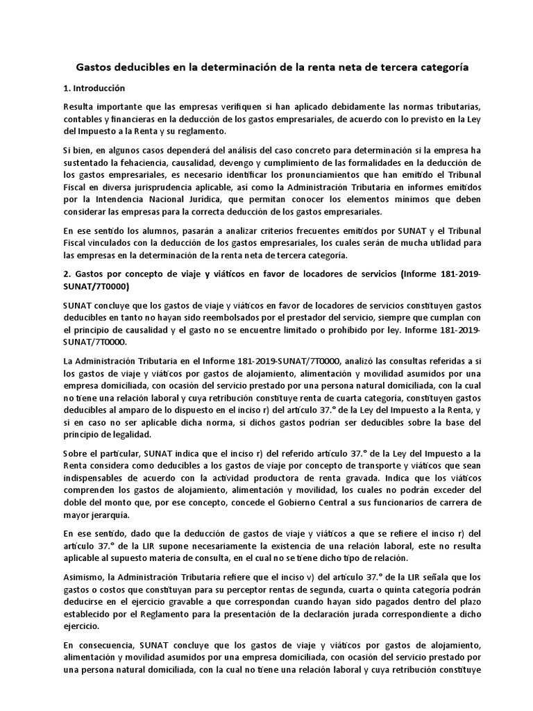 Gastos Deducibles en La Determinación de La Renta Neta de Tercera ...