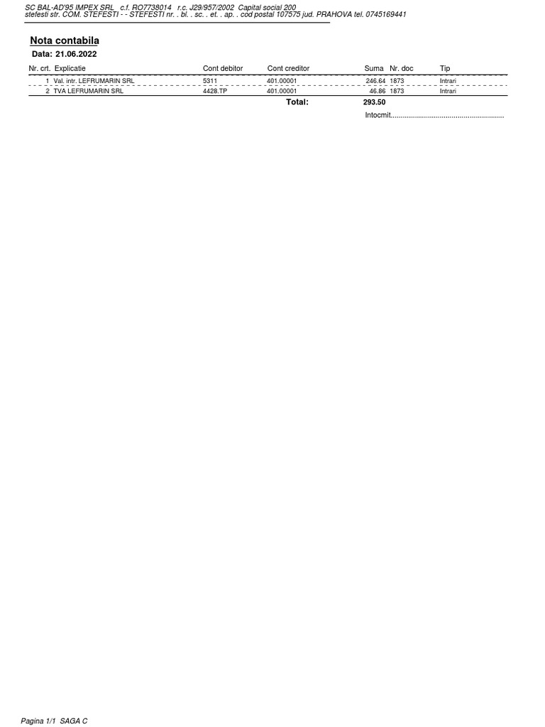 Nota Contabilă pentru SC BAL-AD'95 IMPEX | PDF