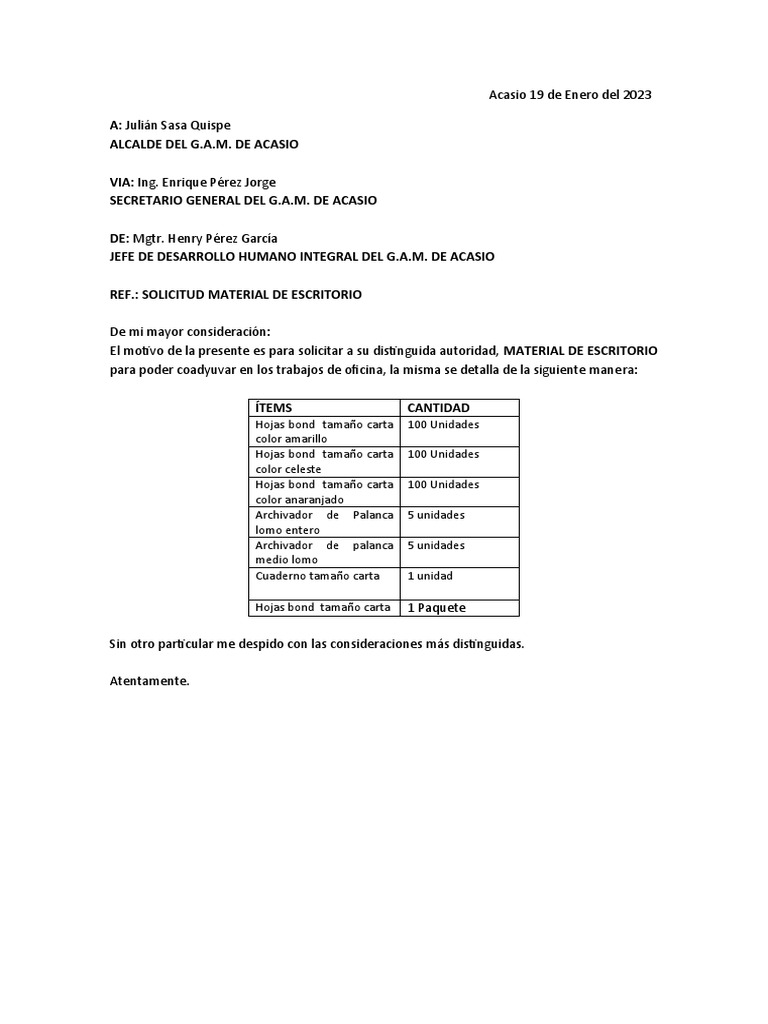 SOLICITUD MATERIAL ESCRITORIO | PDF