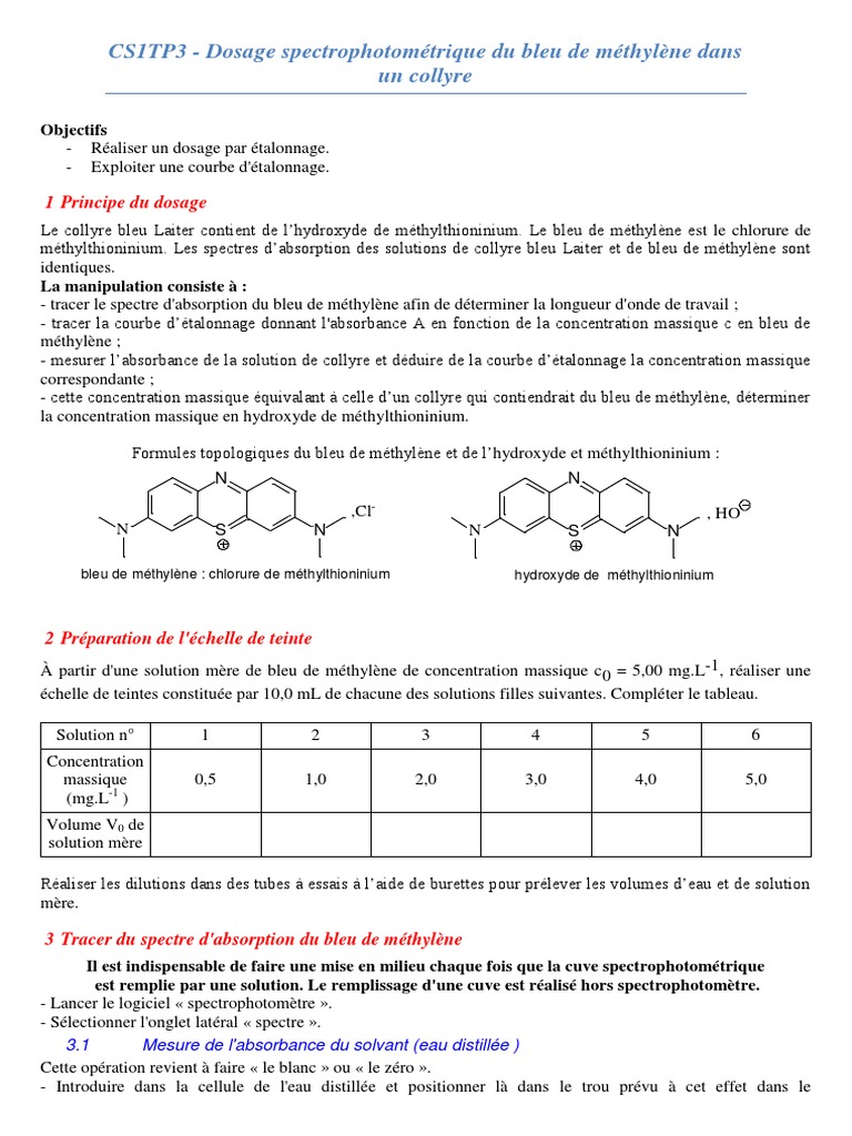 Dosage du bleu de méthylène par spectrophotométrie PDF — free download
