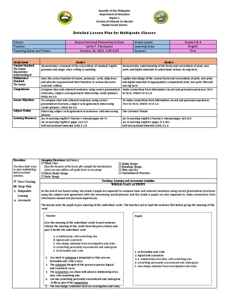 COT English 5 6 Q1 W8 PDF English Language Verb
