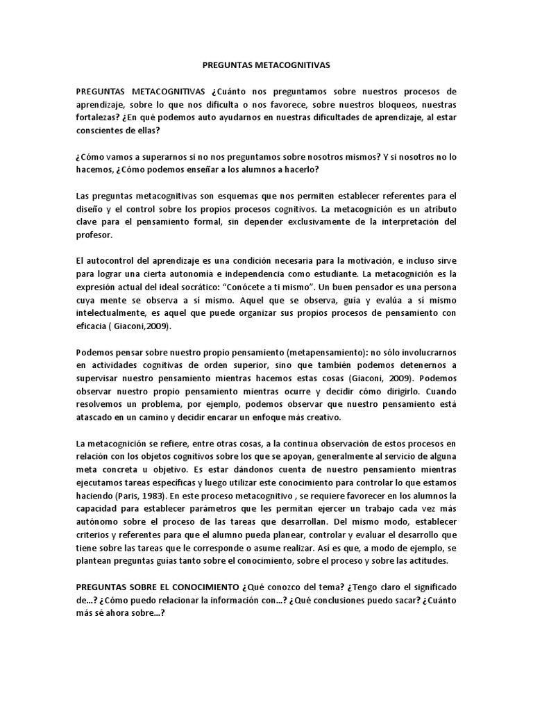 Preguntas Metacognitivas | PDF | Pensamiento | Teoria de la mente