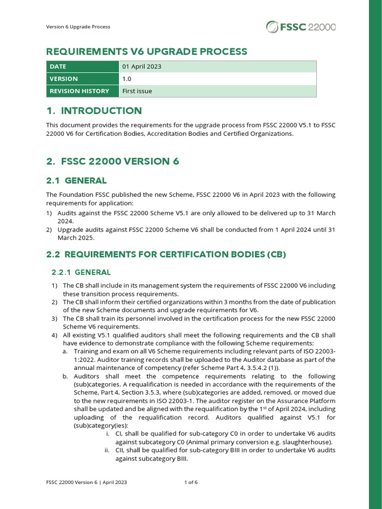 FSSC 22000 V6 Upgrade Requirements | PDF | Audit | Business