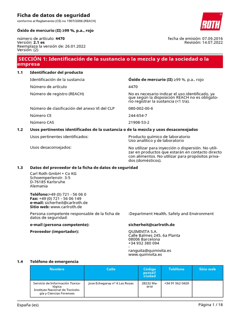 Ficha de Datos de Seguridad Óxido de Mercurio (II) PDF Mercurio