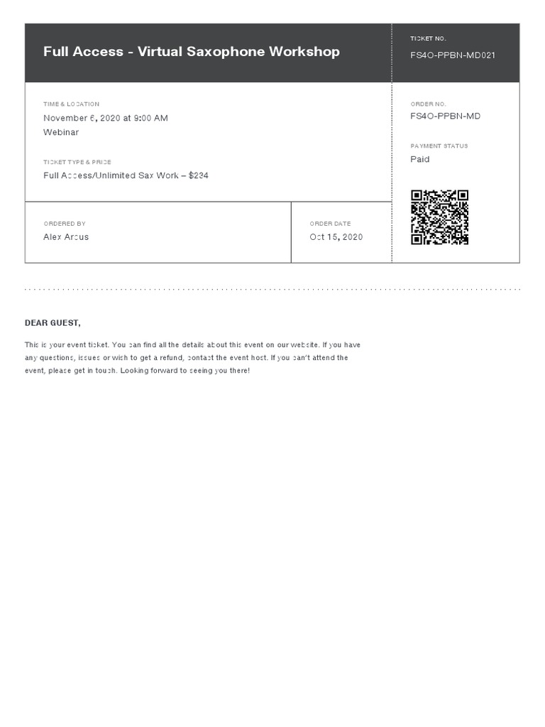 Virtual Saxophone Workshop Ticket | PDF