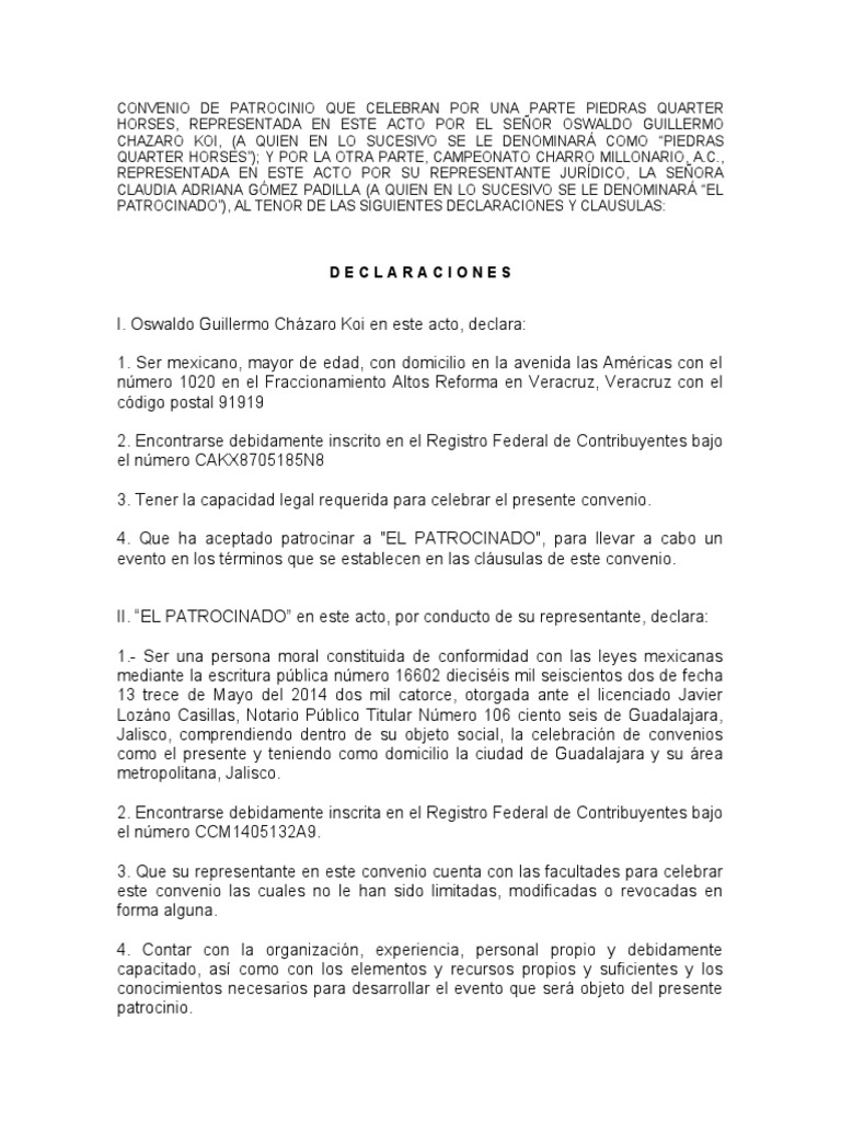 Convenio de Patrocinio Parte Piedras Quarter Horses 2023 | PDF | México ...