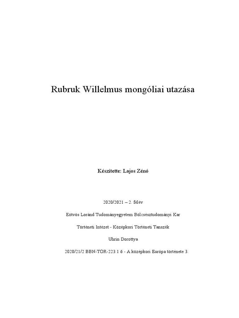Lajos Zénó - Rubruk Willelmus Mongóliai Utazása | PDF