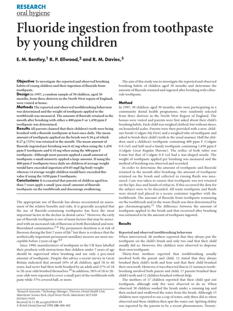 Bentley Et Al. Fluoride Ingestion From Toothpaste by Young Children