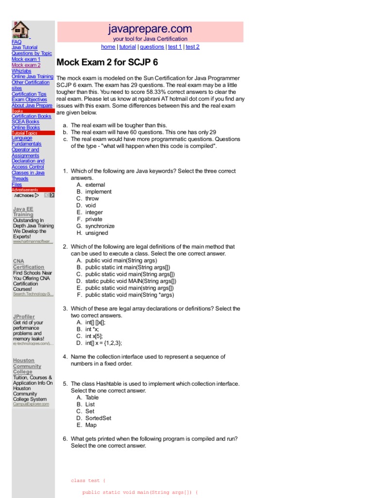 JAVA Mock Test 2 | PDF | Array Data Structure | Java (Programming Language)