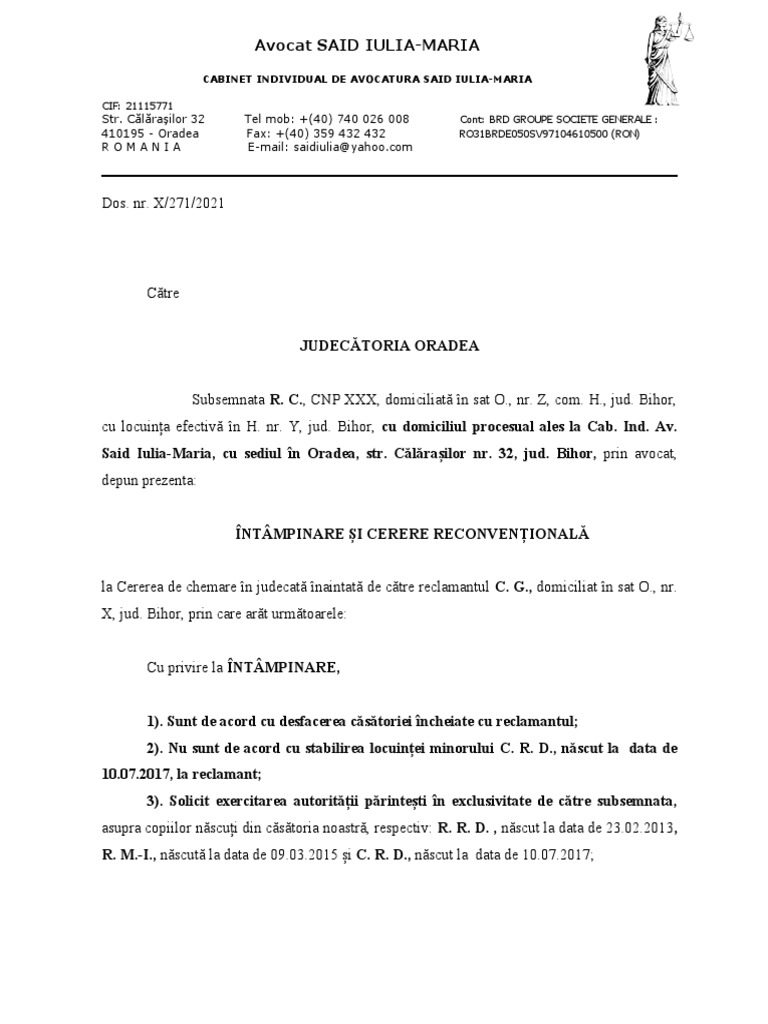 R. C. Întâmpinare Și Cerere R. Divorț. Model | PDF