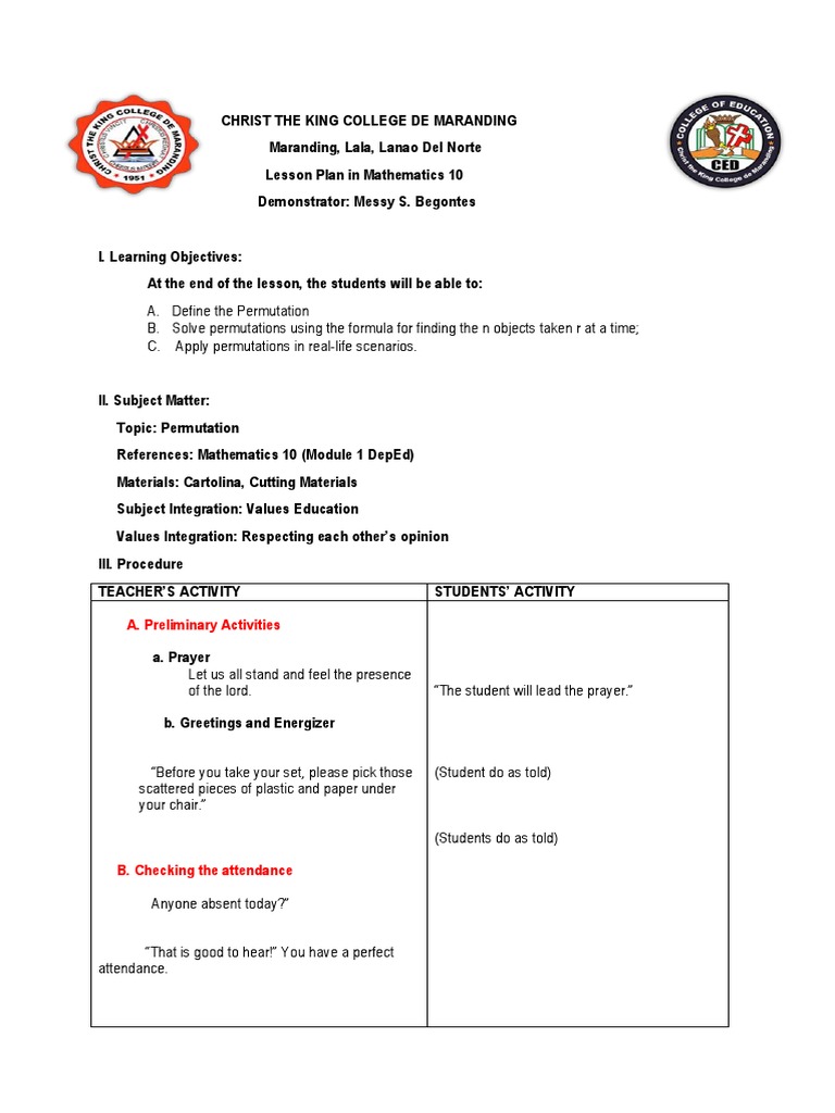 Grade 10 Permutation Lesson Plan | PDF | Permutation | Mathematics