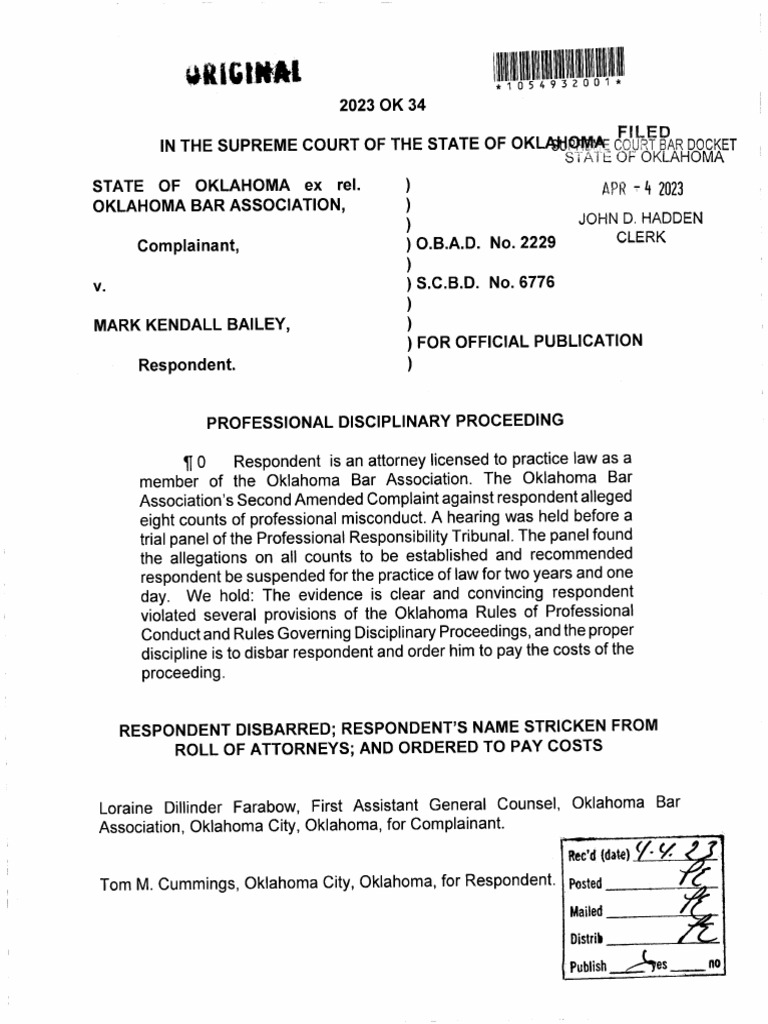 Oklahoma City (Former) Attorney Mark Kendall Bailey Disbarment from