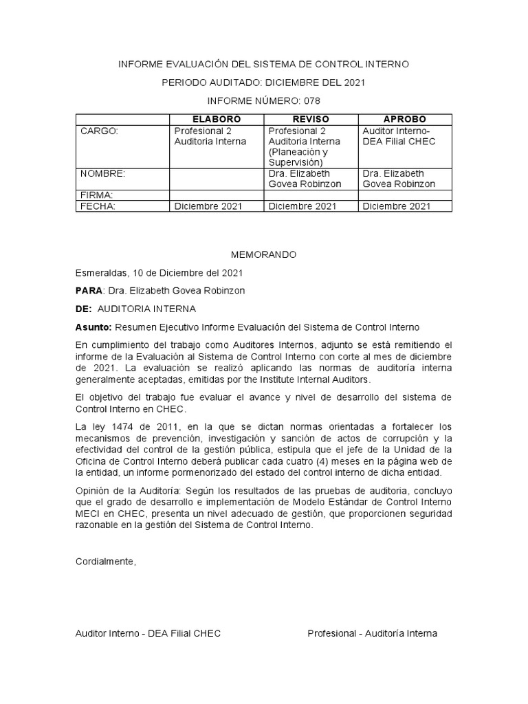 Taller 2 - Unidad 4 Informe de Control Interno | PDF | Auditoría | Business