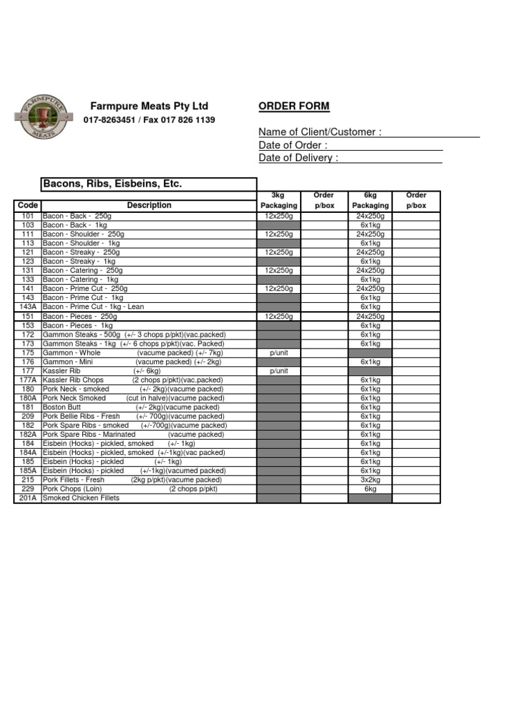 Farmpure Meats Order Form | PDF | Ham | Pork