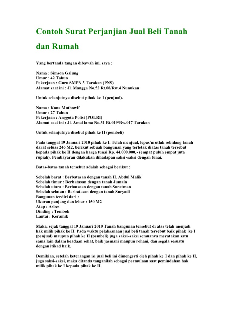 Contoh Surat Pernyataan Jual Beli Tanah Dan Bangunan 