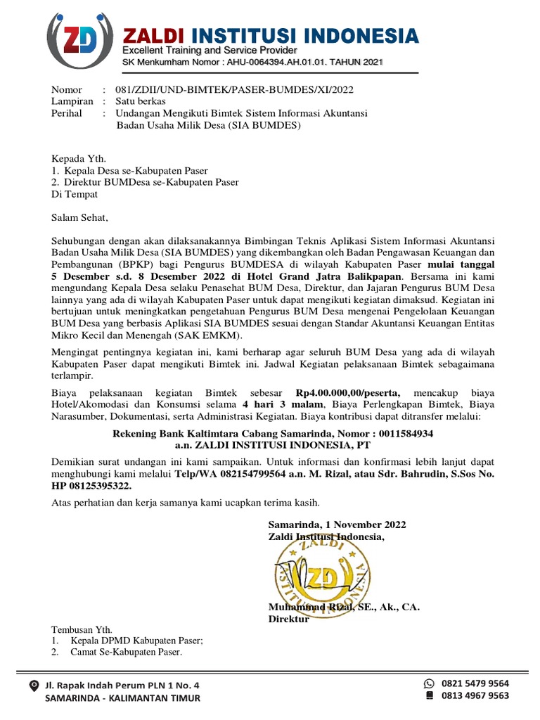 Undangan Desa Bimtek SIA BUMDes Paser | PDF