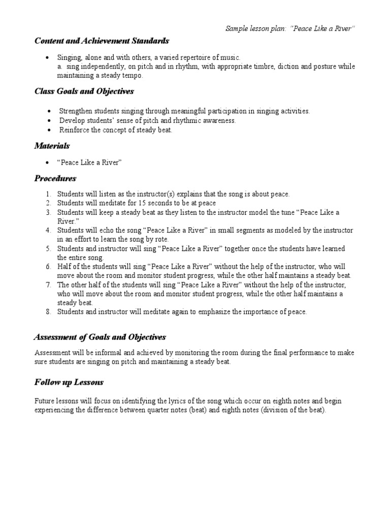Content and Achievement Standards: Sample Lesson Plan: 