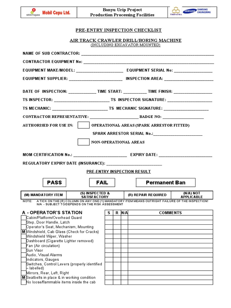 Air Track Crawler Drill Inspection Checklists | PDF | Leak | Vehicles