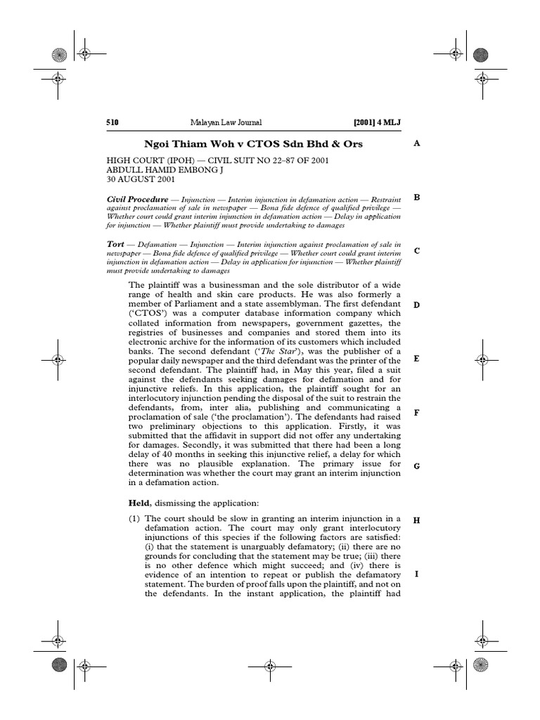 Injunction Denied in Defamation Case | PDF | Defamation | Injunction