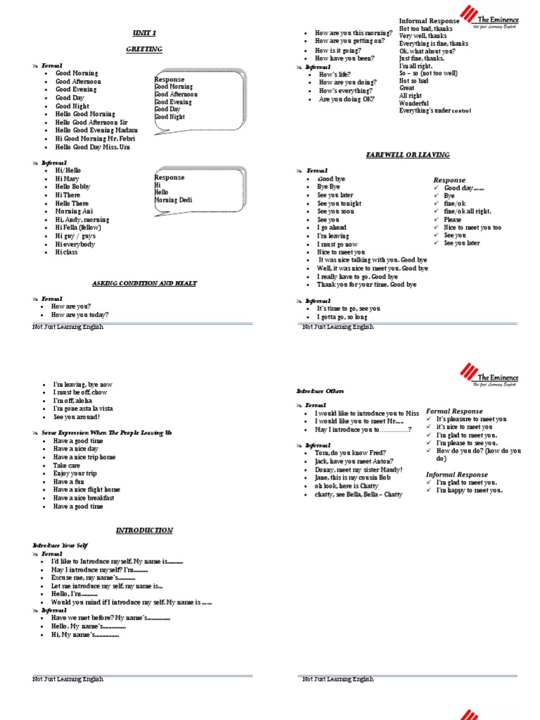 Unit 1 Greeting Informal Response PDF Cognitive Science Syntax