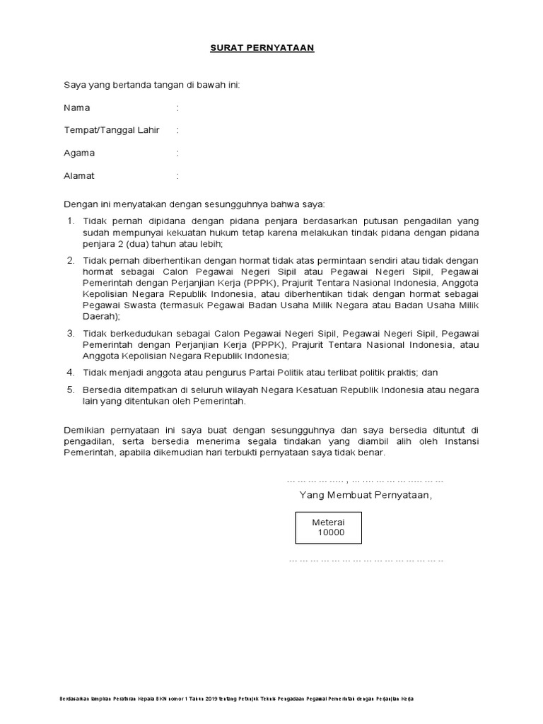 Format Surat Pernyataan PPPK | PDF