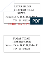 Daftar Hadir Dan Daftar Nilai Siswa Kelas: IX A, B, C, D, E Dan F T.P. 2019/2020