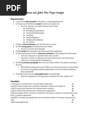 romeo and juliet  one-pager analysis