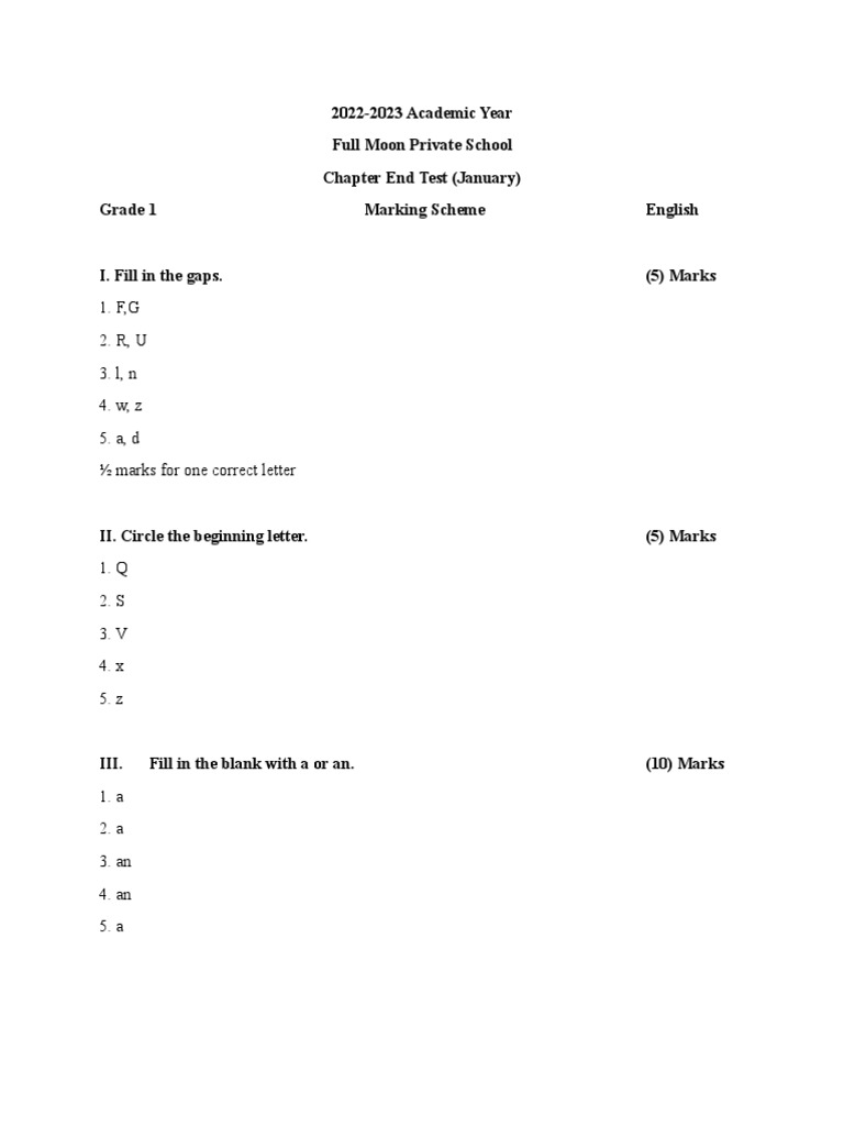 Grade 1 English Chapter Test 2023 | PDF