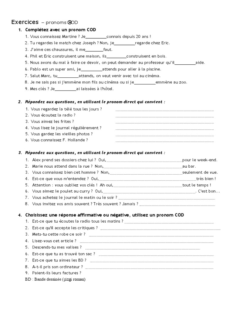 Exercices sur les pronoms COD | PDF | Arts du langage et discipline ...