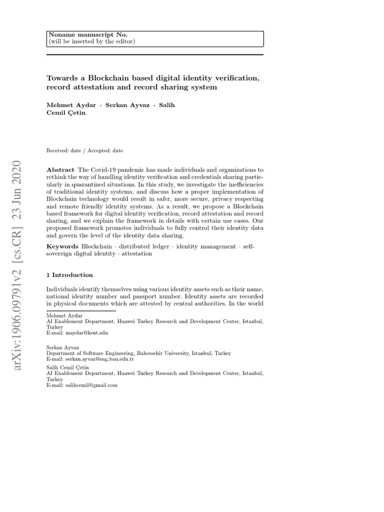 Blockchain for Digital Identity Verification | PDF | Public Key ...