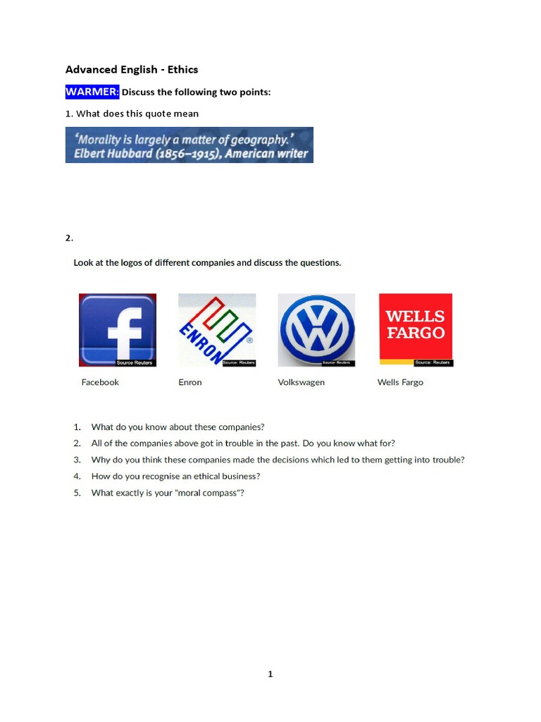 Ethics Worksheet 1 | PDF