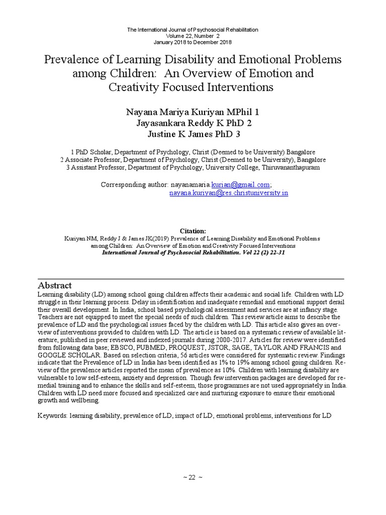 Prevalence of Learning Disability and Emotional Problems Among Children ...