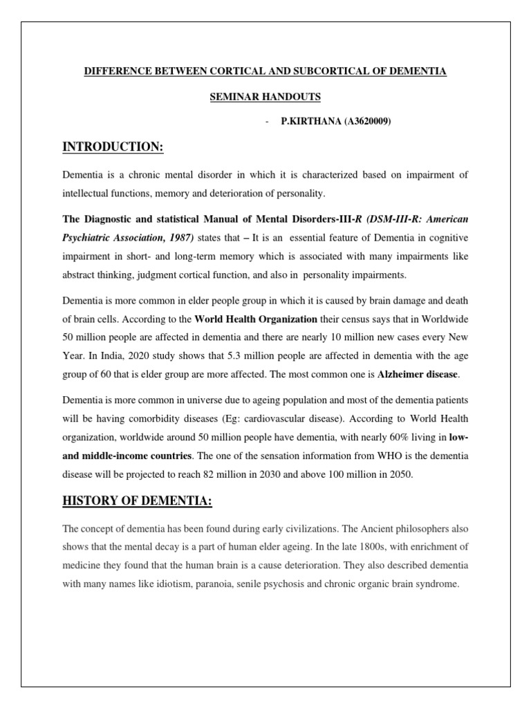 Difference between cortical and subcortical of dementia pdf