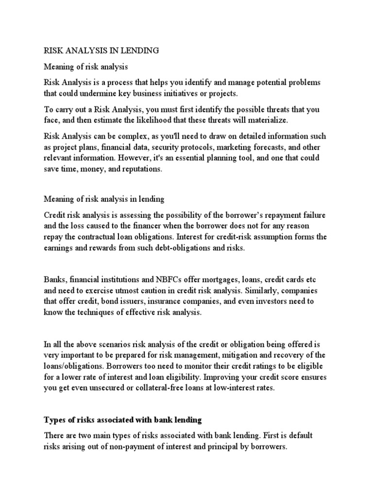 Risk Analysis In Lending Pdf Loans Finance Money Management