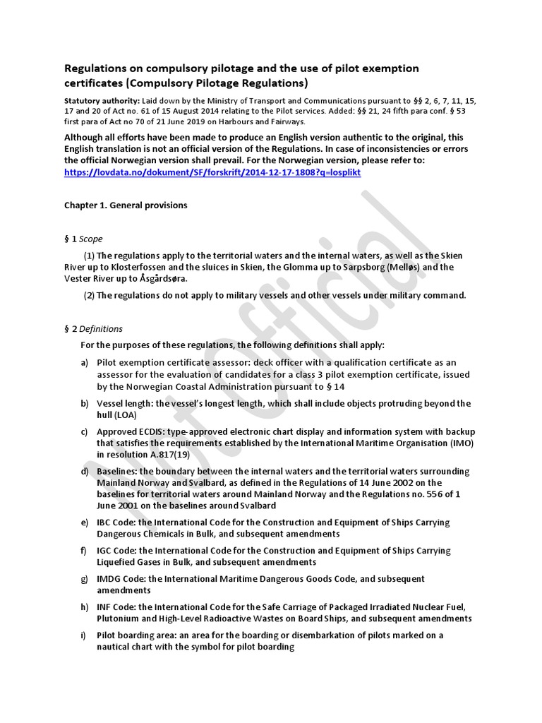 Regulations On Compulsory Pilotage and The Use of Pilot Exemption Certificates