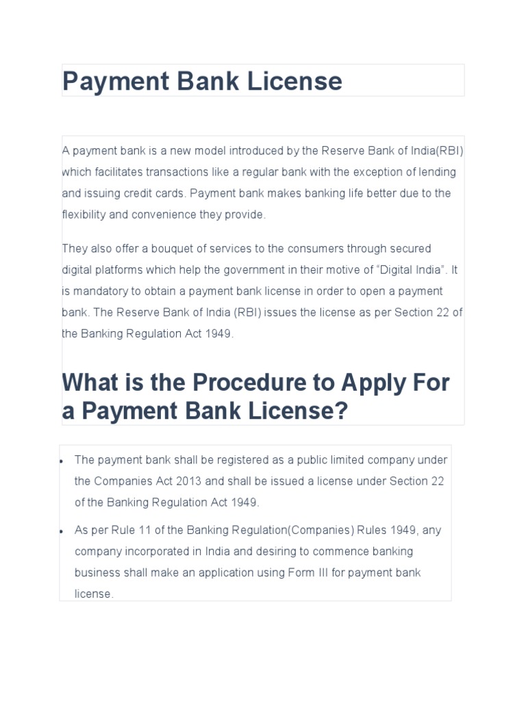 Payment Bank License PDF Banks Reserve Bank Of India