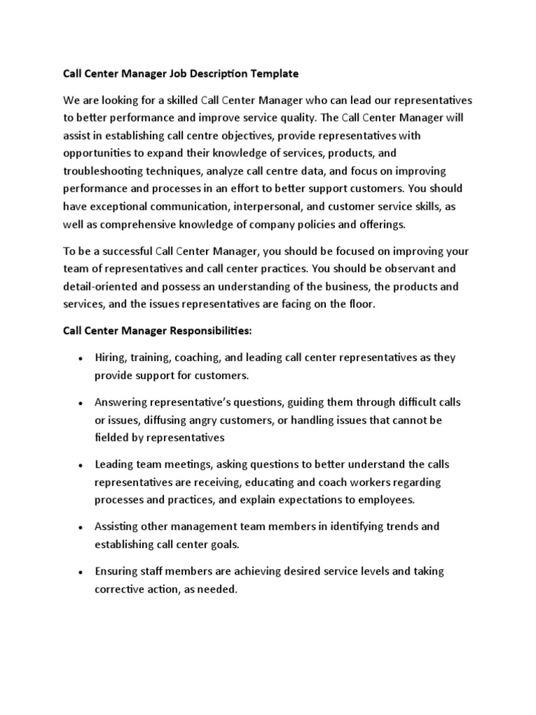 Call Center Manager Job Description Template PDF Call Centre