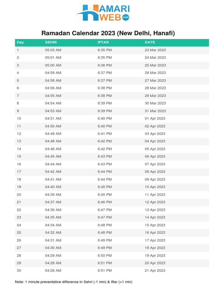 New Delhiramadancalendar2023Hamariweb PDF Religious Holidays