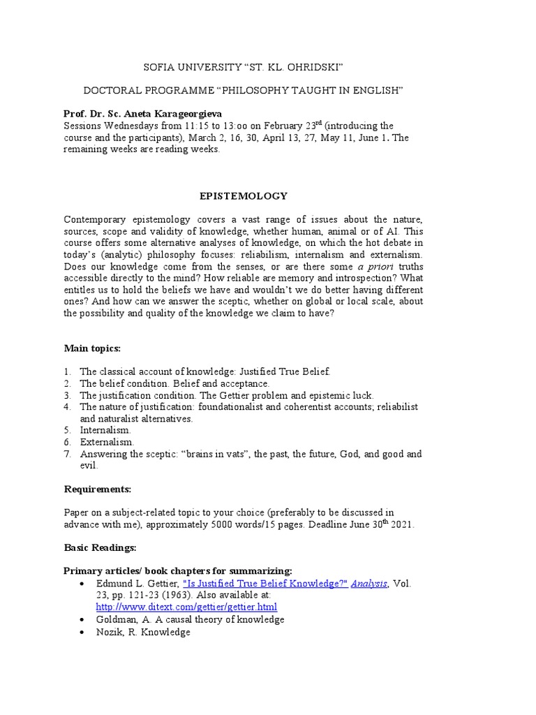 Epistemology Course 2022 Pdf Epistemology Knowledge