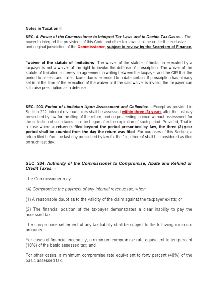 Notes in Taxation II PDF Tax Refund Statute Of Limitations
