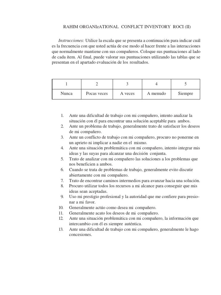 Inventario de Conflictos Organizacionales ROCI | PDF