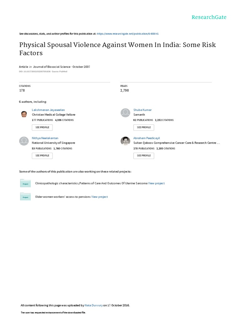 Physical Spousal Violence Against Women In India Some Risk Factors