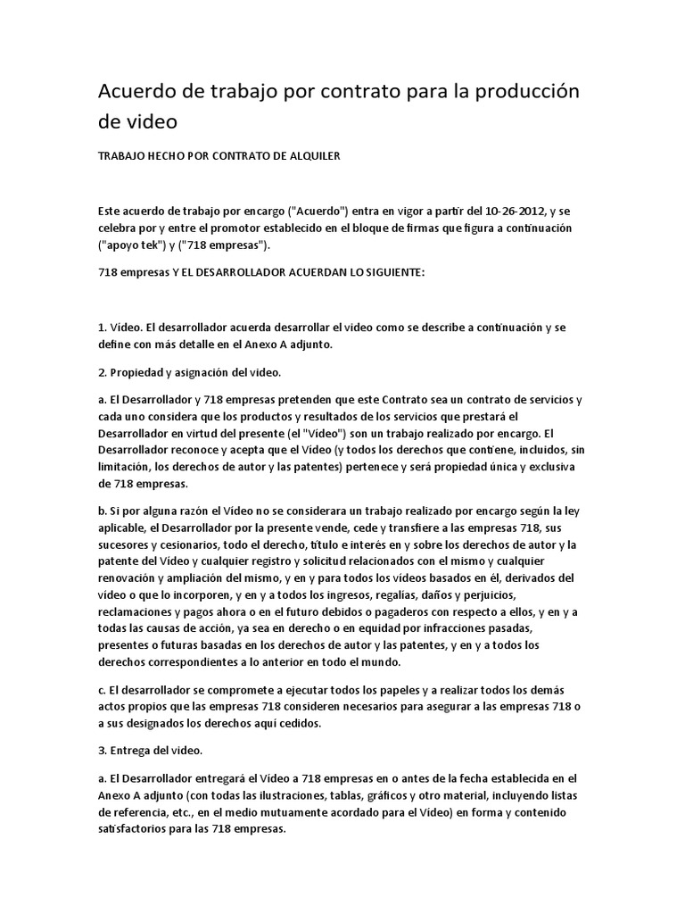 Work For Hire Agreement For Video Production 1 PDF Propiedad Patentar