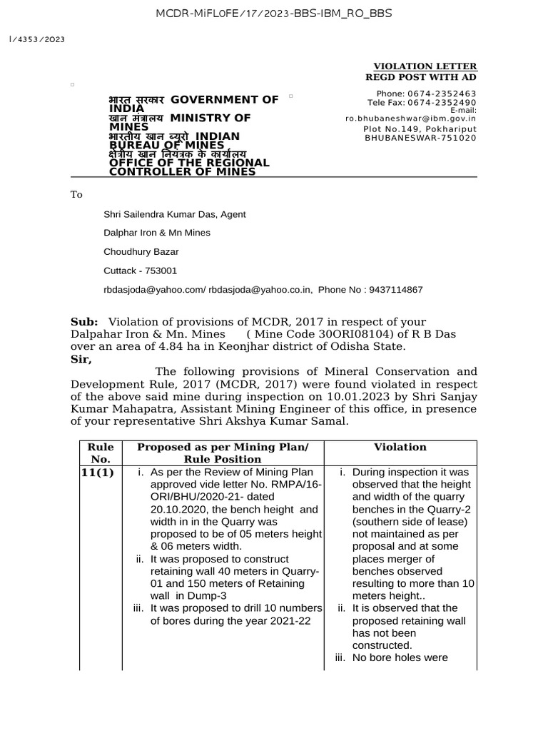 MCDR Violations Notice for Dalpahar Mine | PDF | Mining | Justice