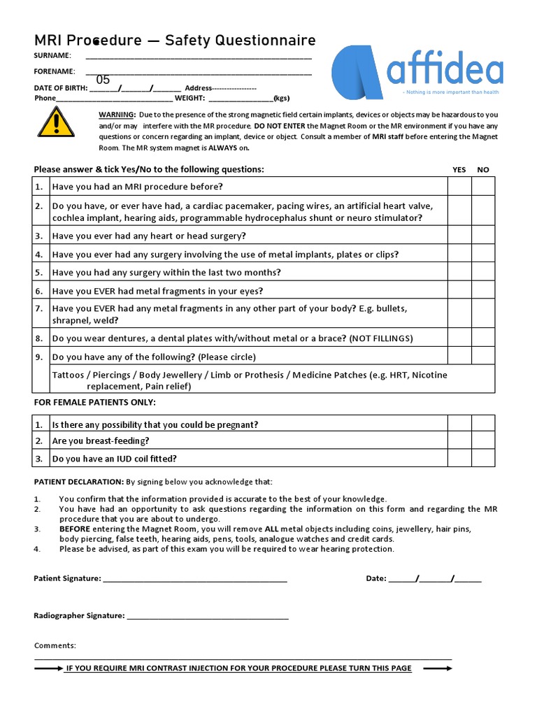 A Comprehensive Safety Questionnaire for MRI Procedures PDF