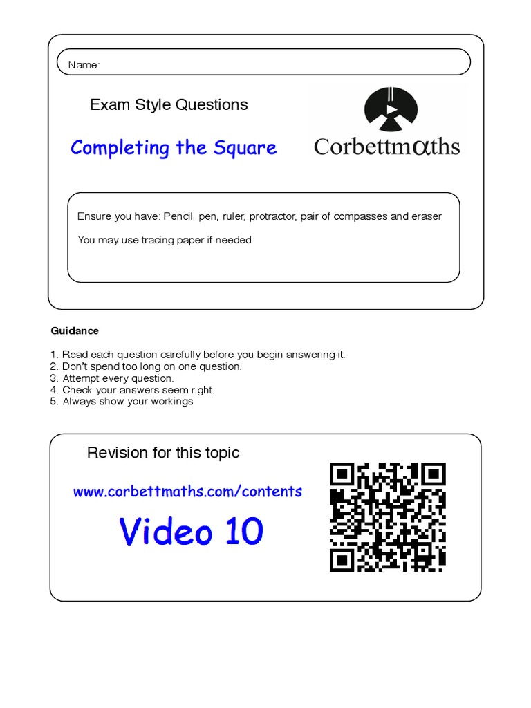 Completing the Square Practice Questions | PDF | Mathematics | Tools