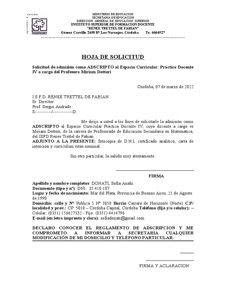 Hoja de Solicitud de Adscripcion 1 | PDF